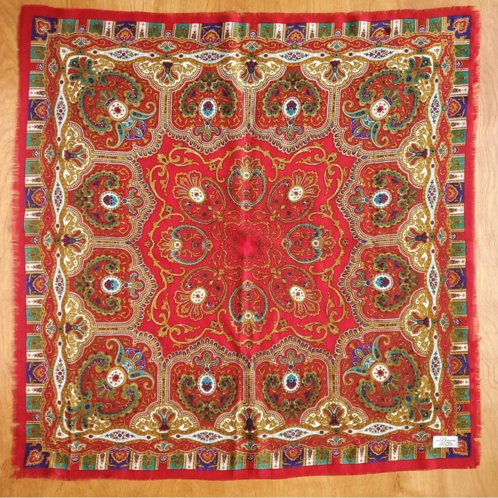 Vintage Baar & Beards Wool Scarf 30" Square Raw Fringe Red Green Gold Japan